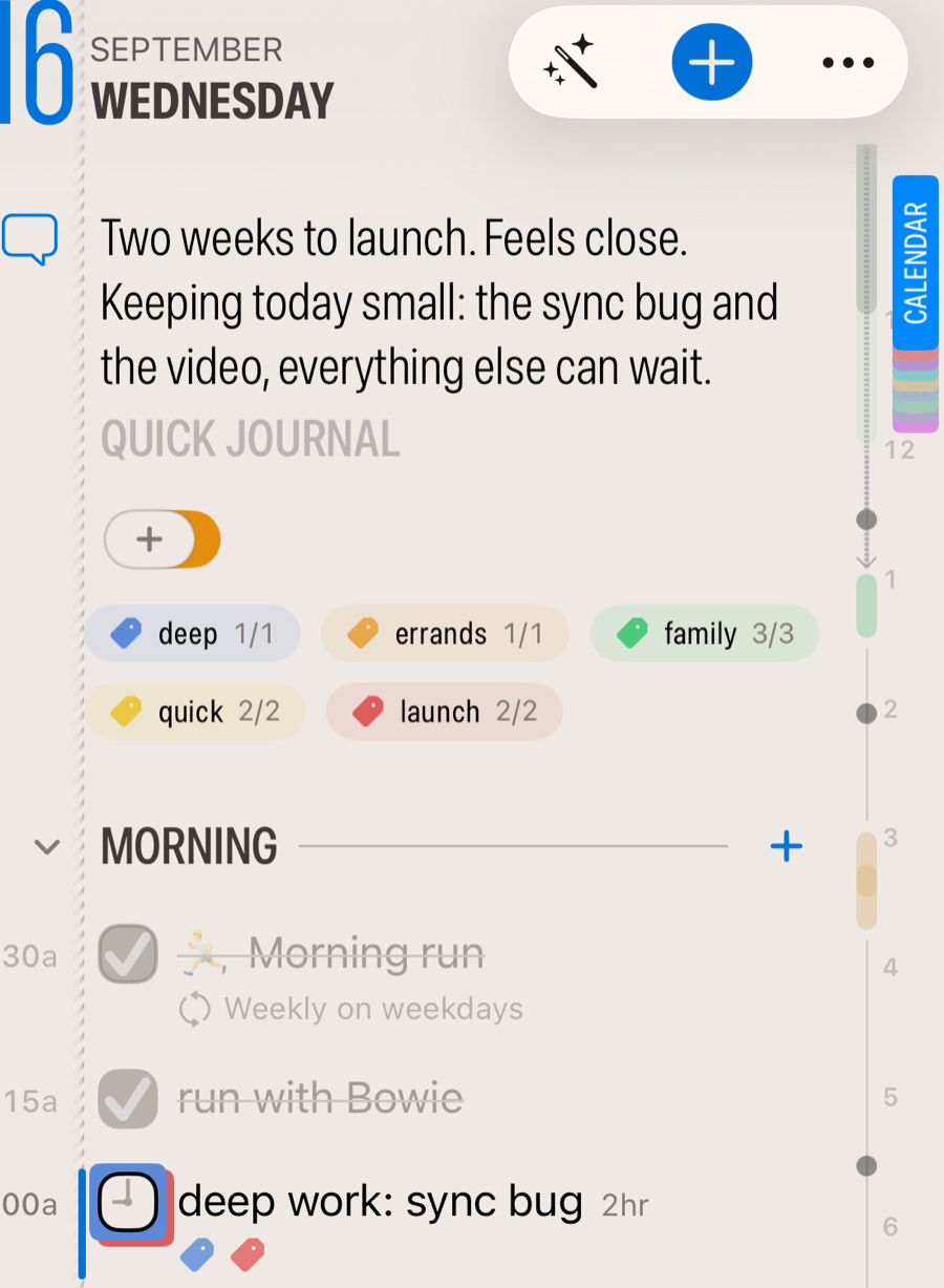 The right edge of a Daily page with a stacked Calendar bookmark deck beside the day