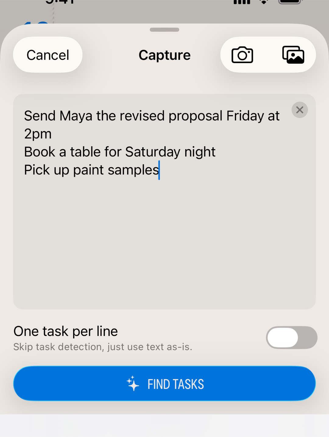 The Capture sheet with three pasted tasks ready for Finalist to find and schedule