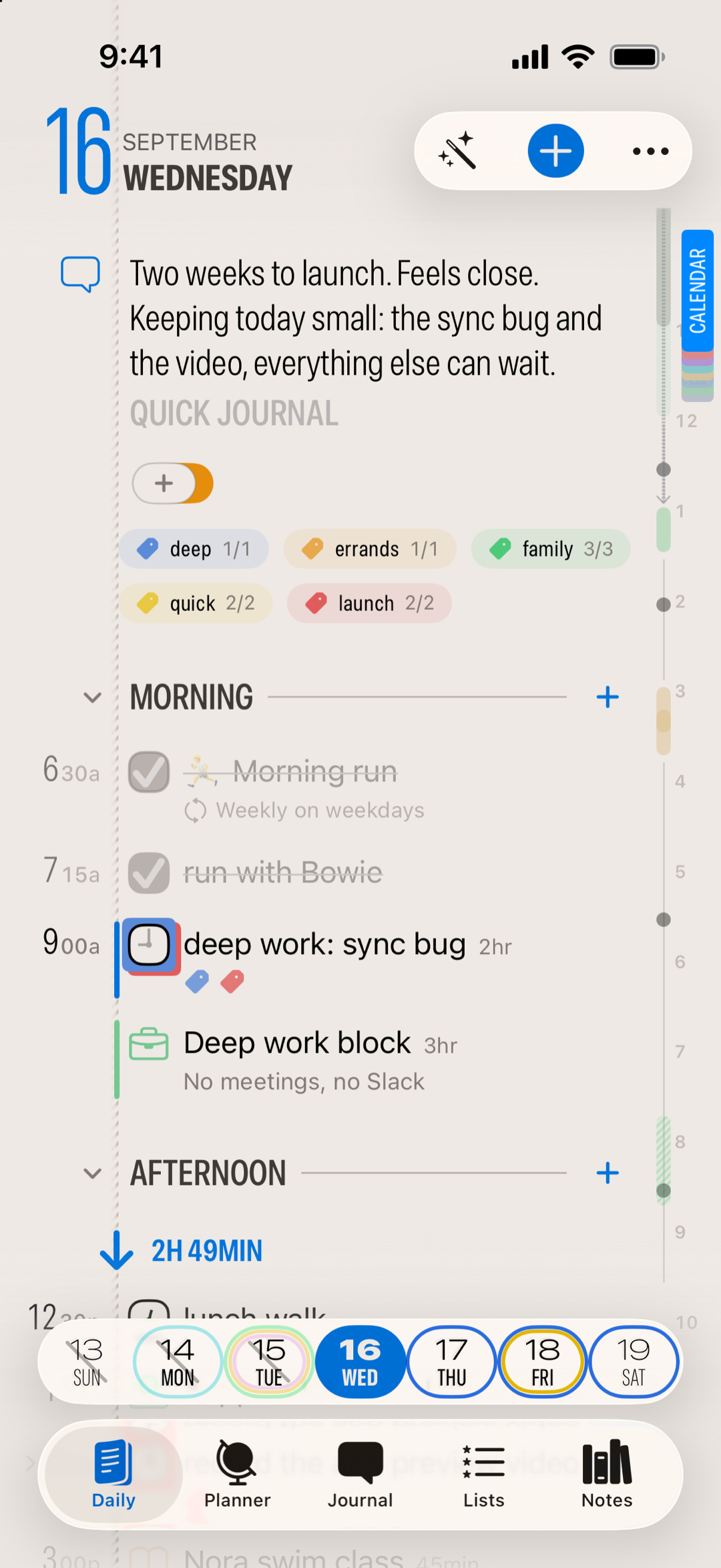 A full day on the Daily page: the morning journal note at the top, tags with progress counts, completed morning items, and a highlighted deep work task on the timeline