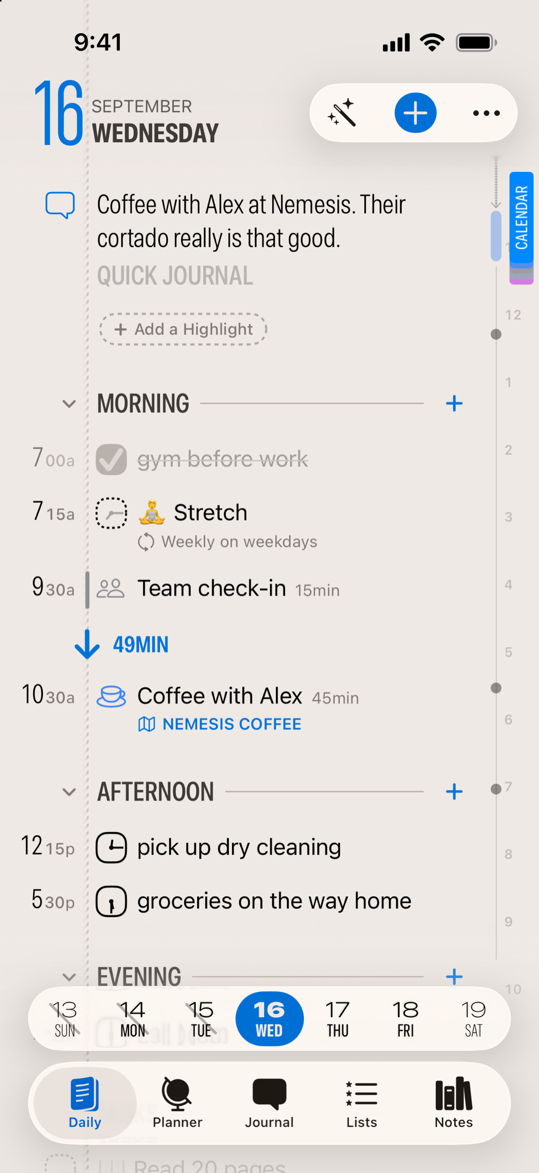 A planned day in Finalist: a checked-off morning task, a habit, a coffee meeting from the calendar, and two afternoon tasks with times