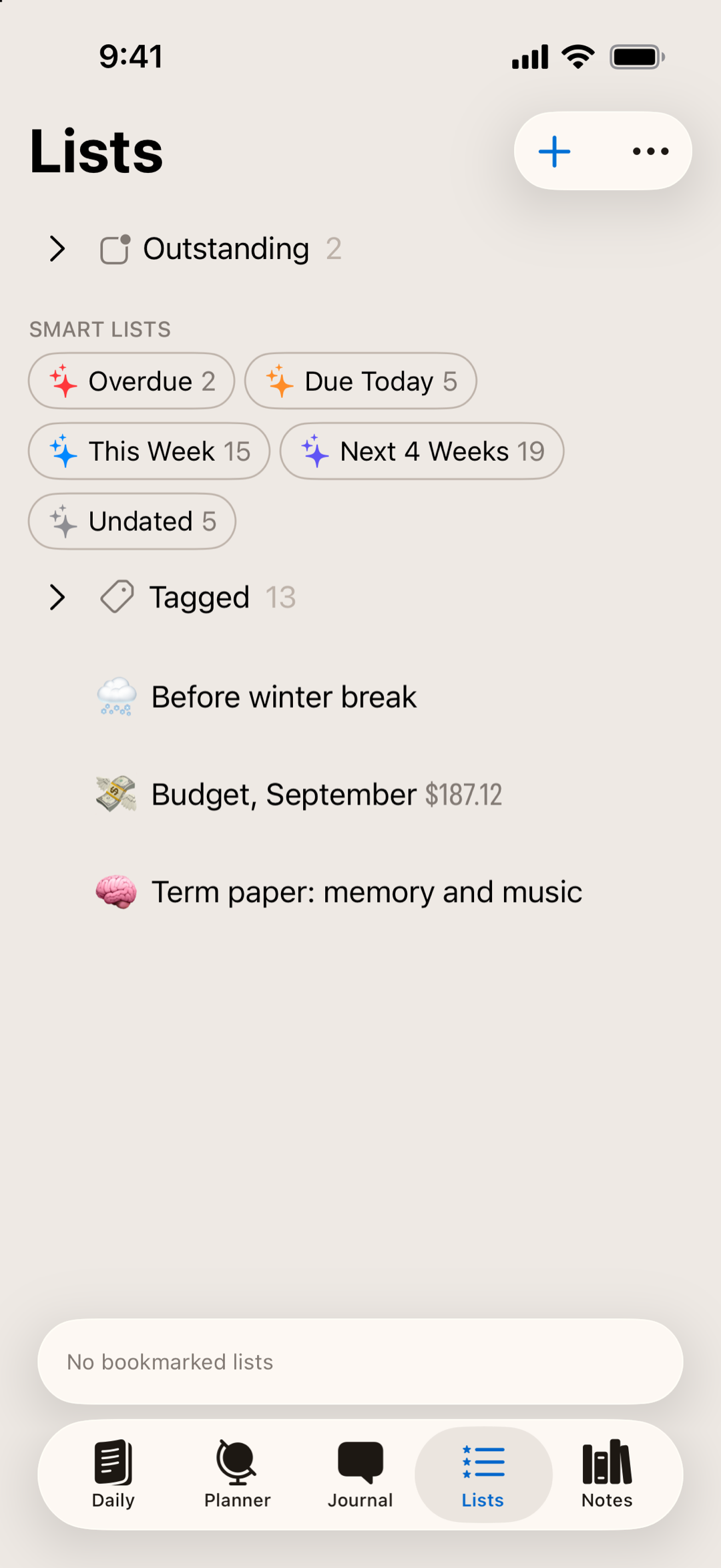The Lists tab: the Outstanding group, smart lists with counts, tagged items, and three lists including one with a running dollar total