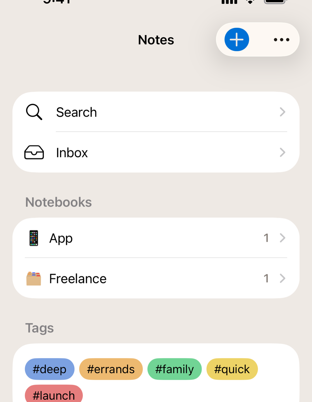 The Notes tab with Search, Inbox, two notebooks with note counts, and a tag cloud