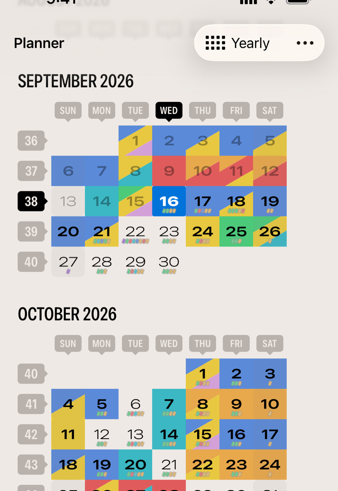 The yearly Planner with September and October painted in overlapping color Highlights