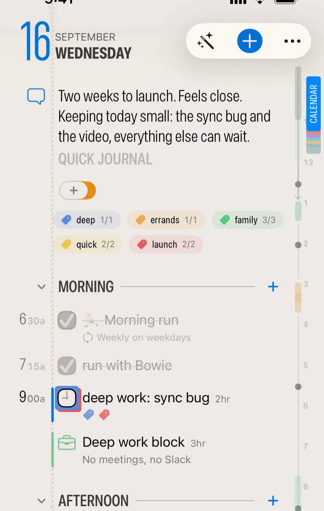 A lived-in Finalist day with a journal intention, colored tags, completed morning tasks, calendar bookmarks, and timed work