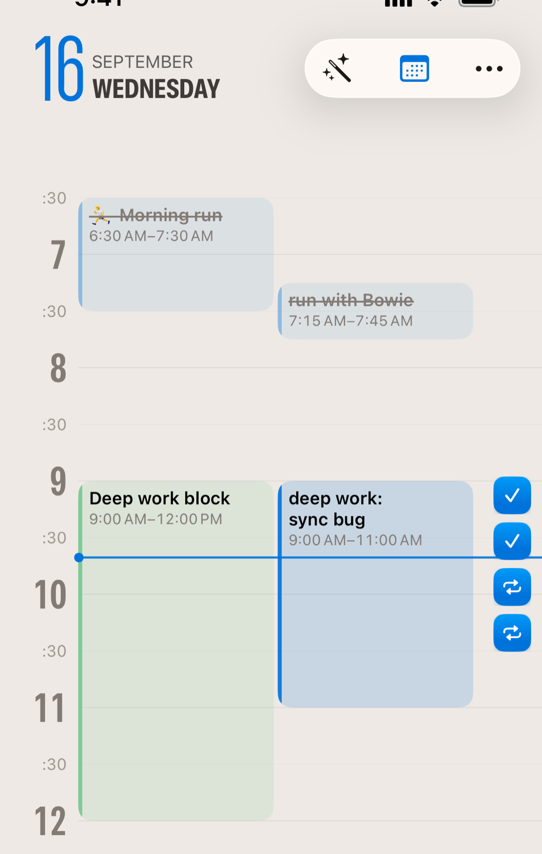 The Timeline at 9:41 with completed morning tasks and overlapping deep-work blocks laid across the hourly grid