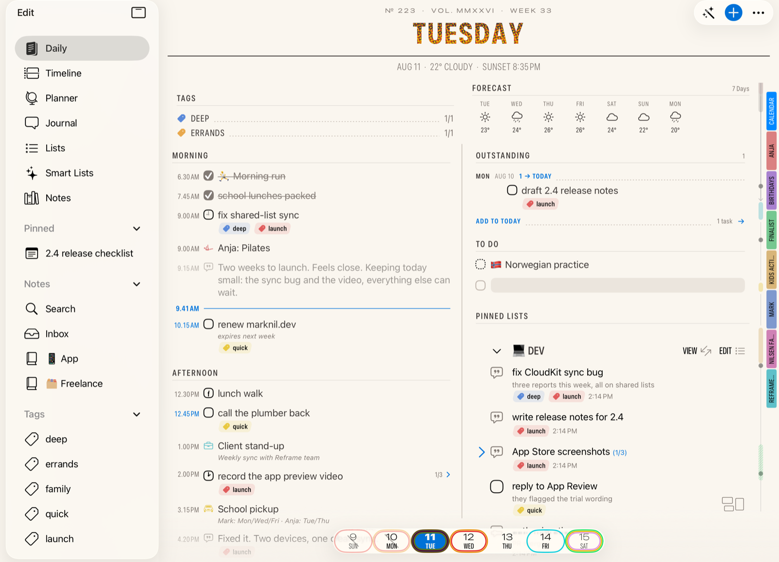 The Broadsheet design on iPad: the day typeset like a newspaper, with a Tuesday masthead, weather dateline, and columns for the morning and pinned lists