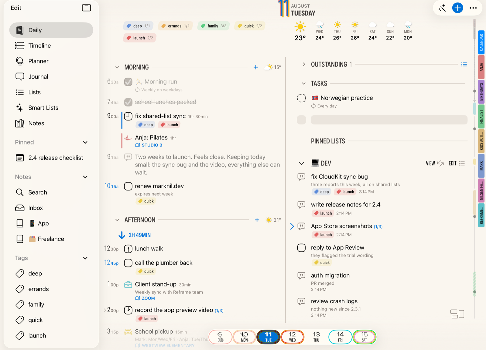 The Daybook design on iPad: the day as stacked sections with tags and the weather forecast in the header