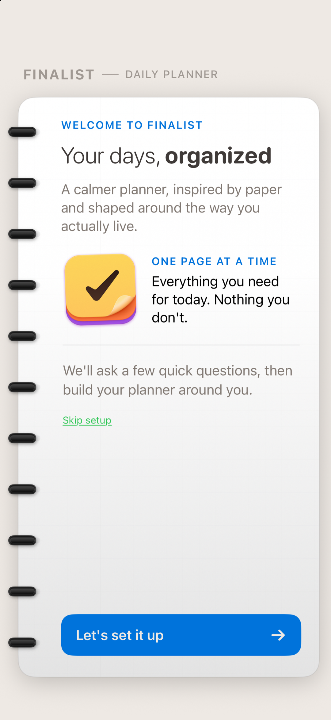 A full day on the Daily page: the morning journal note at the top, tags with progress counts, completed morning items, and a highlighted deep work task on the timeline