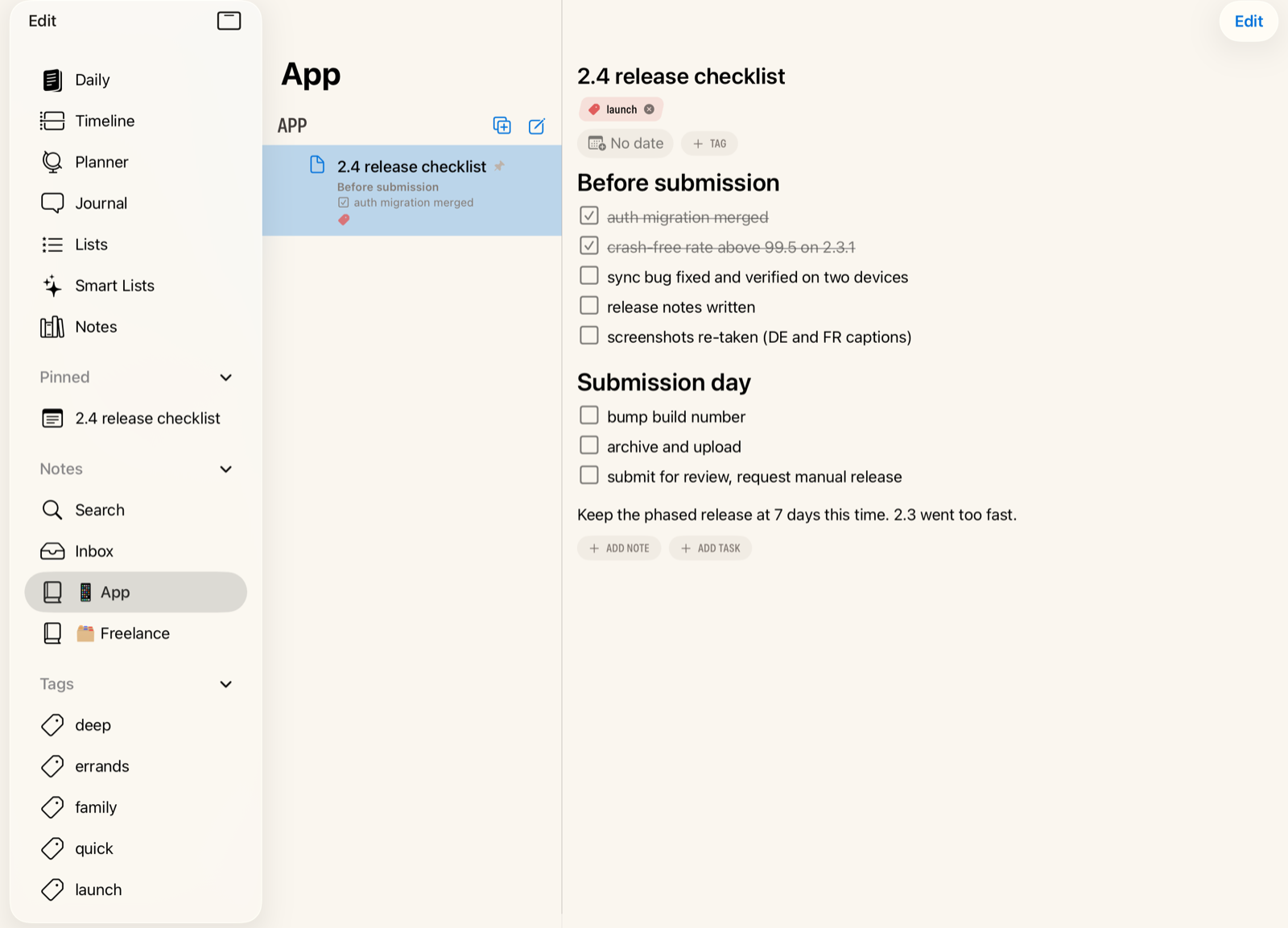 Notes on iPad: the sidebar, an App notebook, and a release-checklist note open with tasks half checked off
