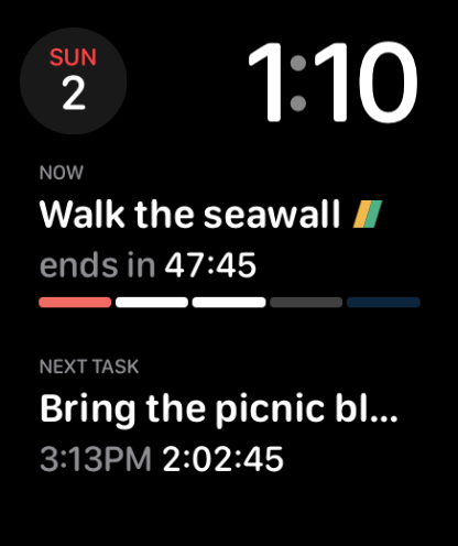 The watch face complication wearing the day's highlight colors: the current block, its countdown, and the next task