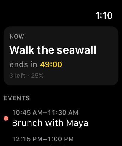 The Now card on a Sunday: a seawall walk with time left, brunch coming up