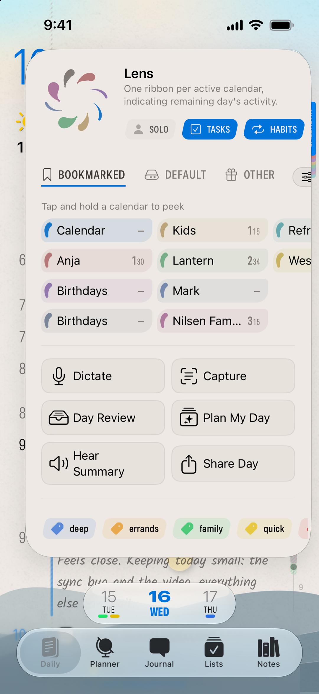 The Lens panel open over the Daily page: the Solo, Tasks, and Habits switches beside a larger Lens, the Bookmarked calendar strip with hours booked per calendar, the day's actions, and the tag row along the bottom