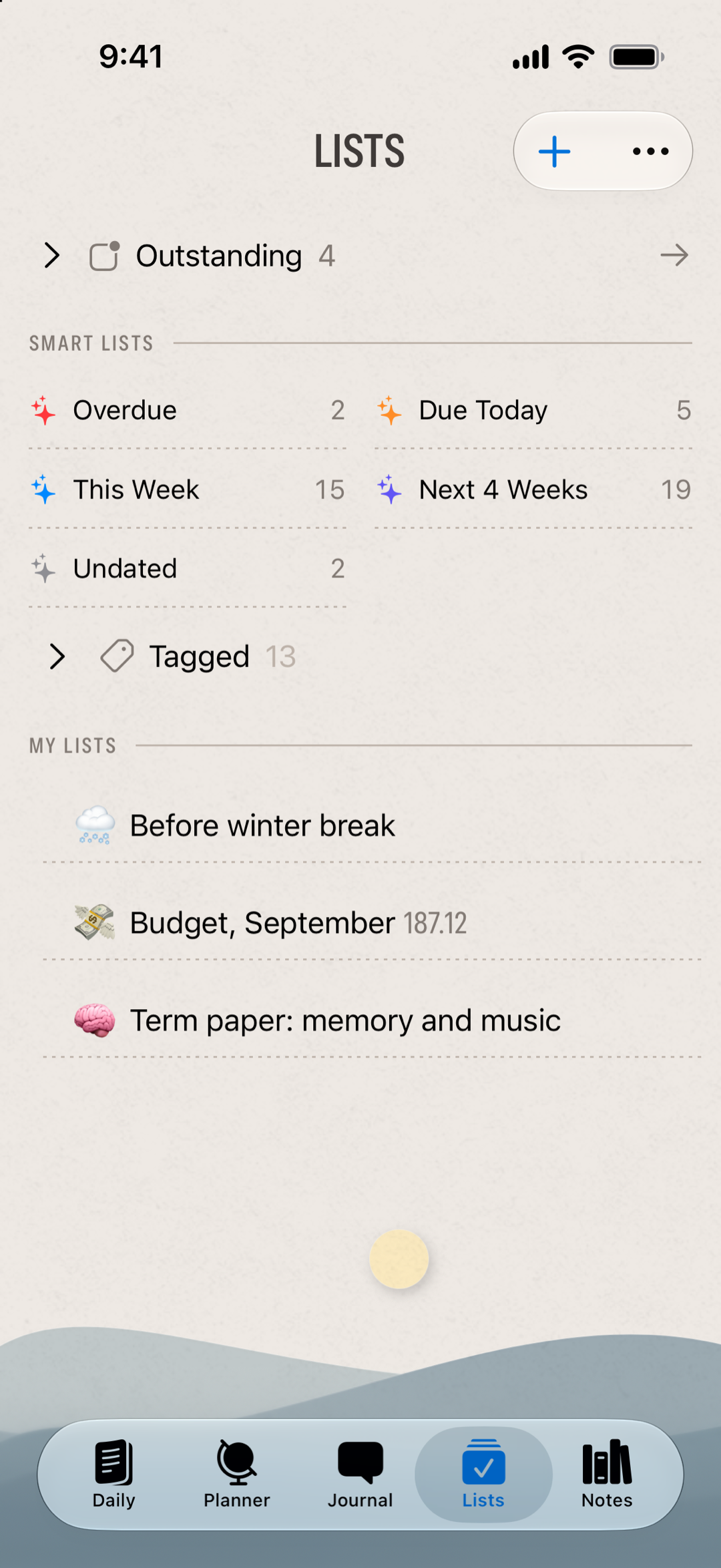 The Lists tab: the Outstanding group, smart lists with counts, tagged items, and three lists including one with a running dollar total