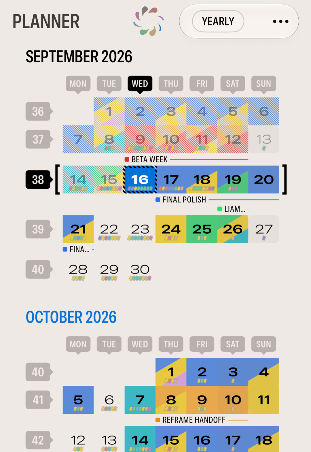The yearly Planner with September and October painted in overlapping color Highlights