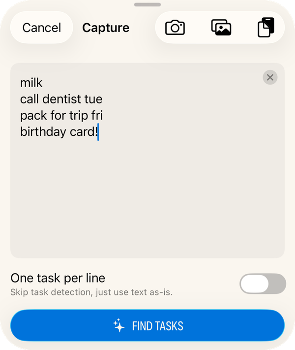 The Capture sheet holding the scanned list, one line per item, above a Find Tasks button