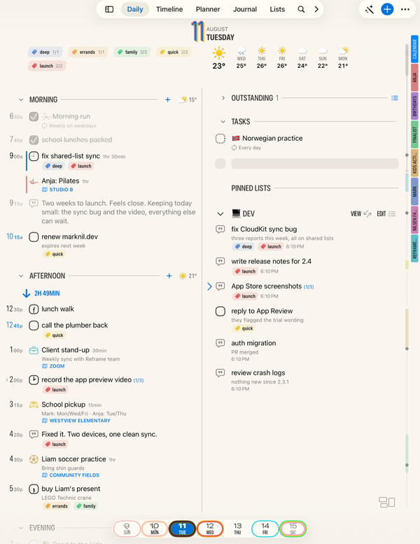 The same day on iPad: the Daybook spread with the morning timeline beside tasks and pinned lists