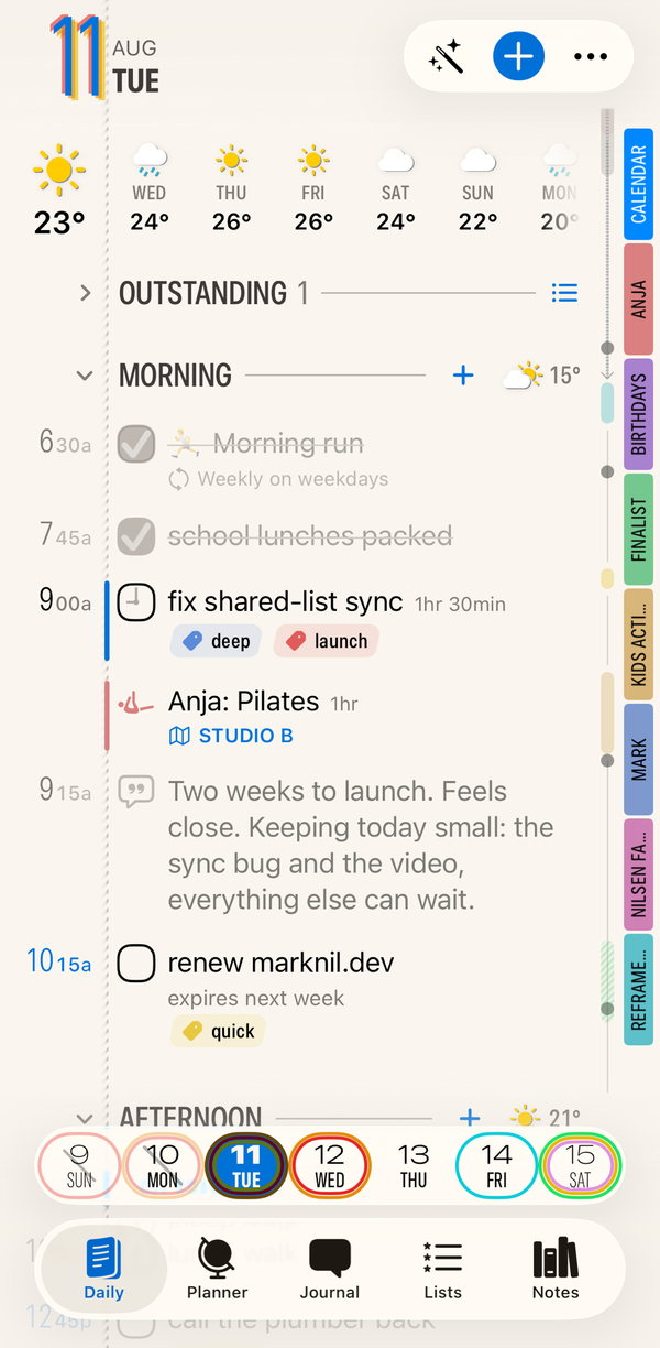 Finalist's Daily page on iPhone: the morning of August 11 with events, tasks, a journal note, and the calendar bookmark rail
