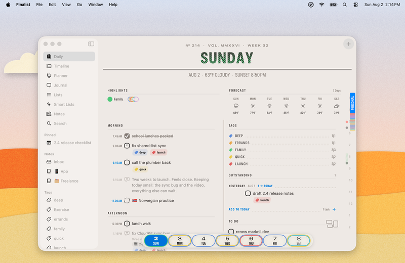 The Broadsheet Sunday spread in Finalist for Mac: sidebar, masthead, morning timeline, tags and forecast