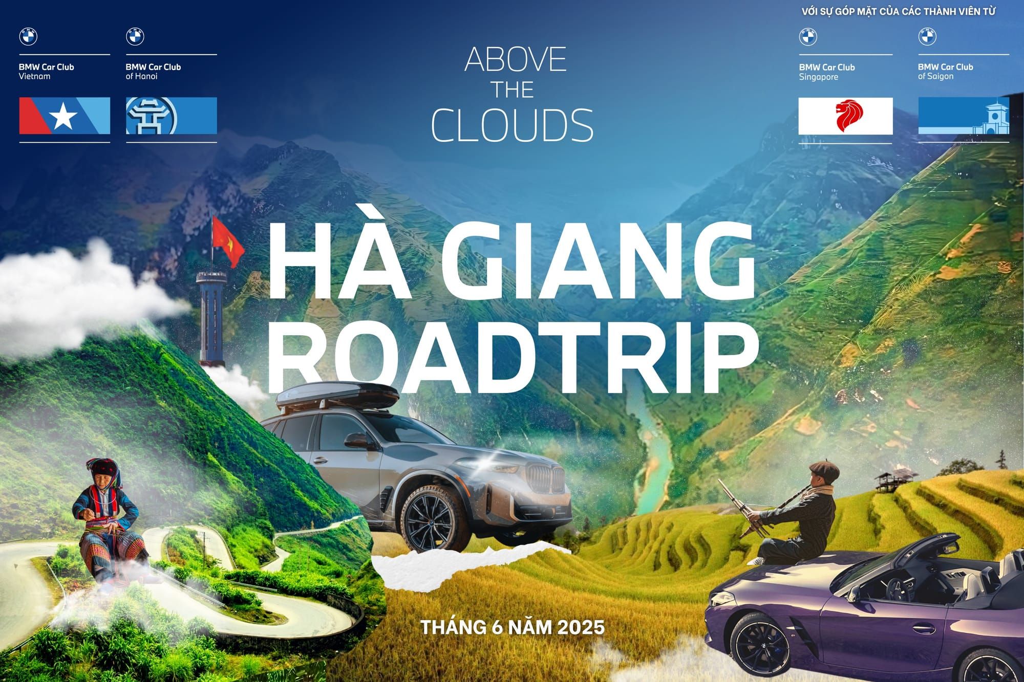 Thông báo về chương trình HÀ GIANG TRIP 2025 của BMWCCV Hanoi Chapter, cùng sự tham gia của những người bạn từ TP. HCM và Singapore