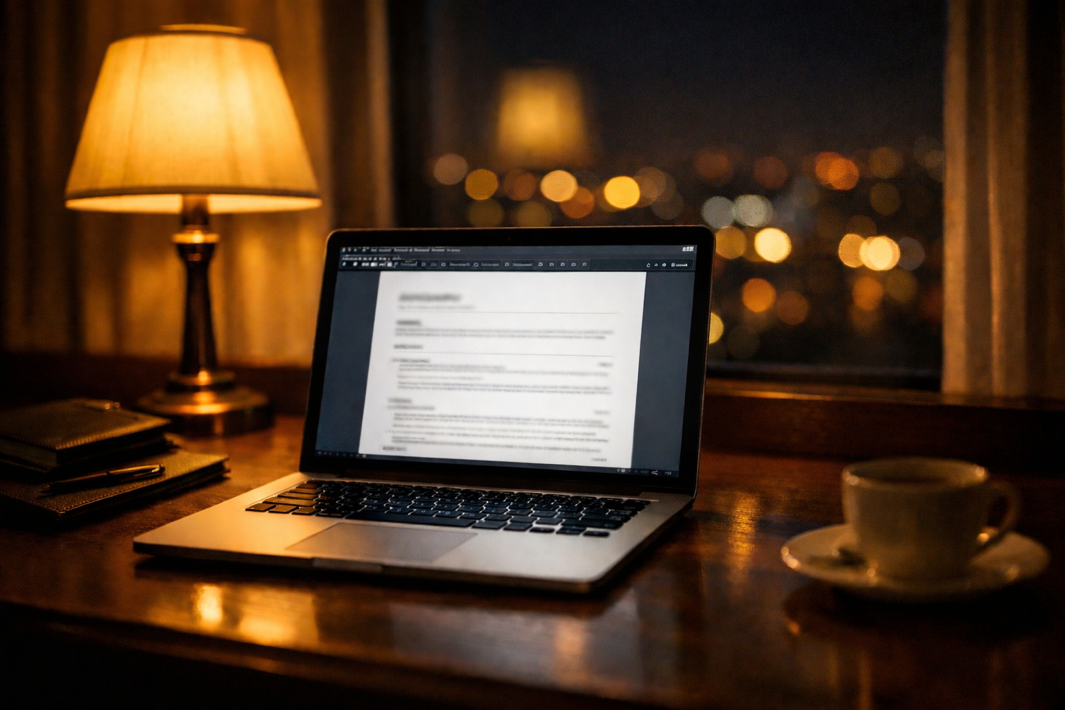 A laptop open on a hotel desk at night, resume document on screen, city lights visible through the window