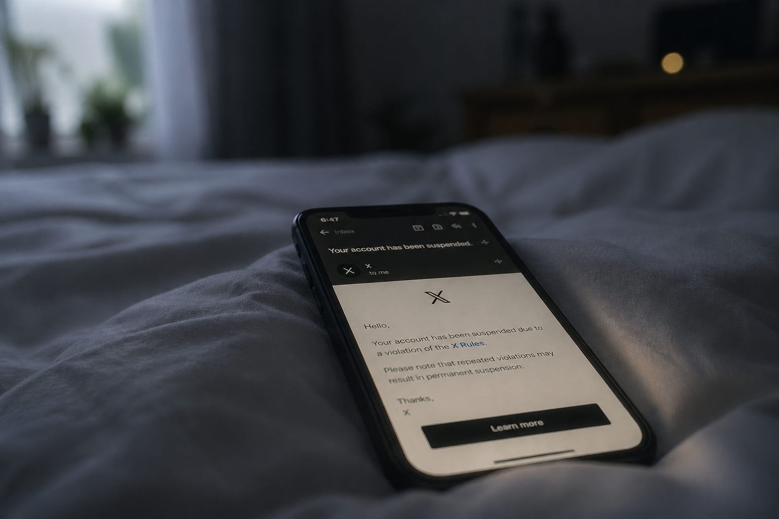 Claude computer use experiment — suspended X account notification on a dimly lit screen