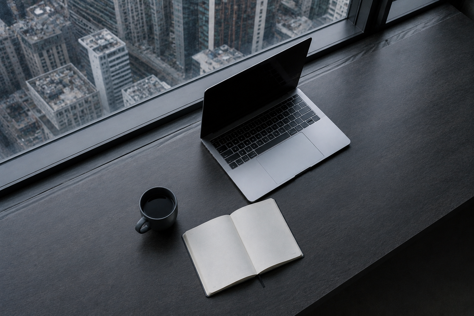 Overhead view of a laptop slightly cracked open, dark screen, next to a coffee mug and open notebook on a desk ledge overlooking a city skyline