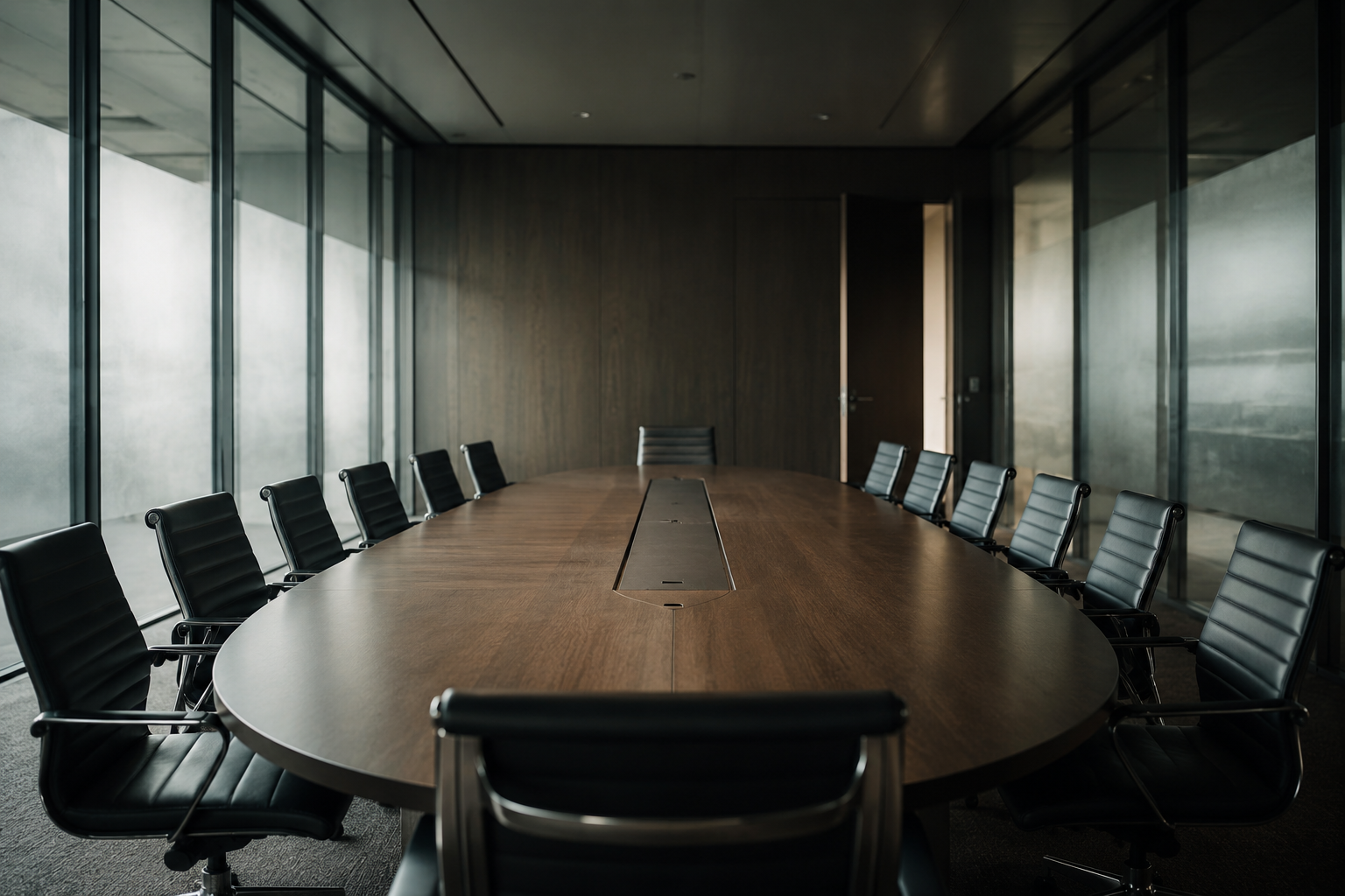 An empty corporate conference room with chairs around a long table, door slightly ajar, diffused natural light through frosted glass walls.