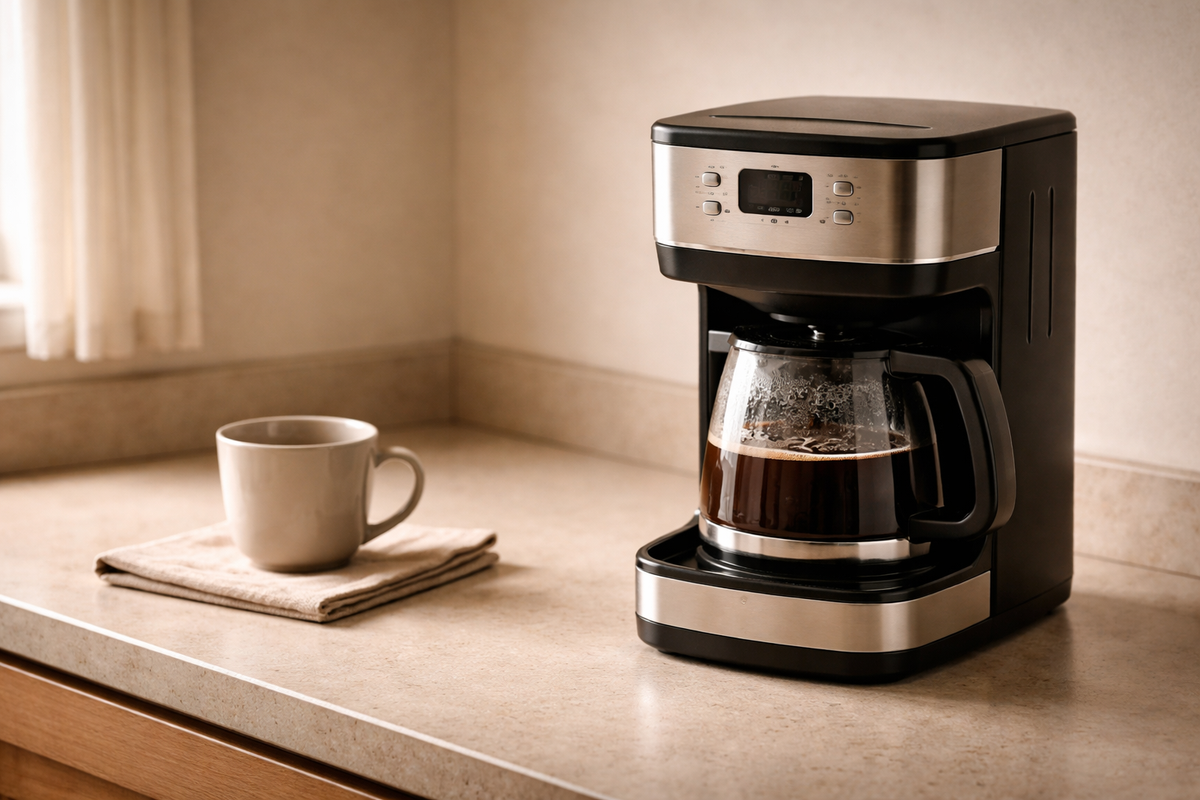 A drip coffee maker on a kitchen counter — the kind of ordinary object that sells itself on Facebook Marketplace
