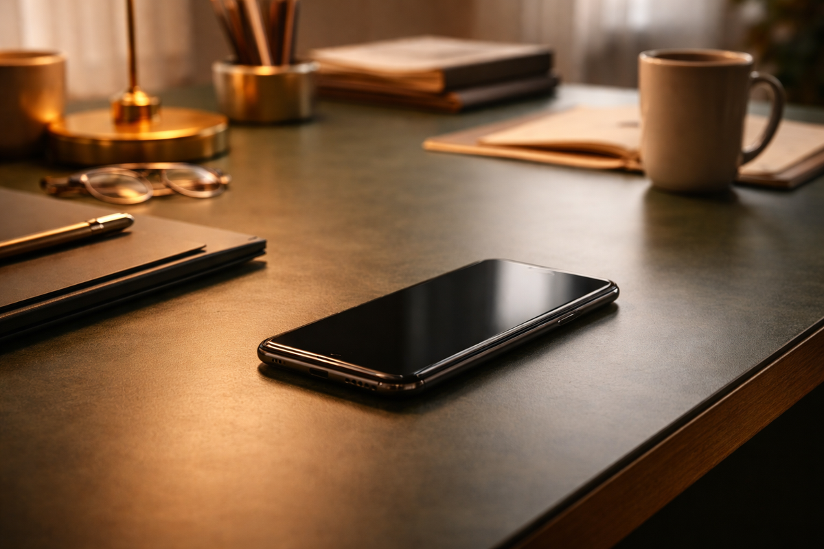 A phone resting face-up on a dark desk surrounded by notebooks and a pen — the moment before a career-changing call.