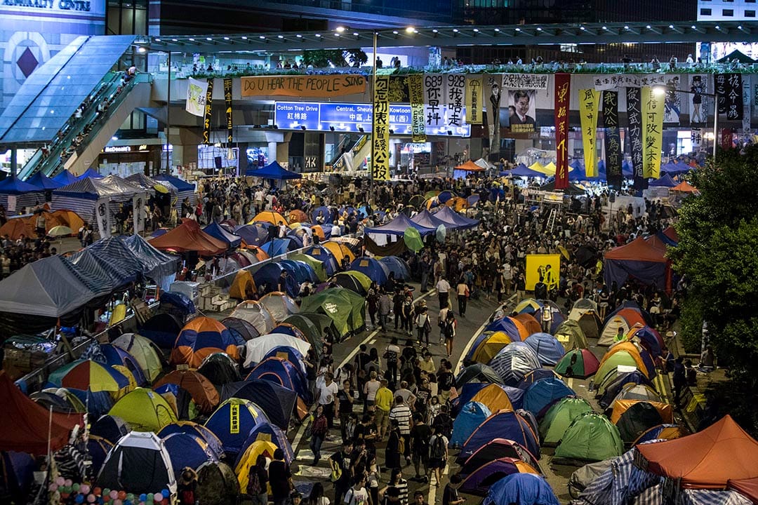 雨伞运动期间，示威者占领金钟、旺角、铜锣湾三个区域，抗议人大常委就香港政改作出的决议。图为2014年10月26日，金钟占领区。