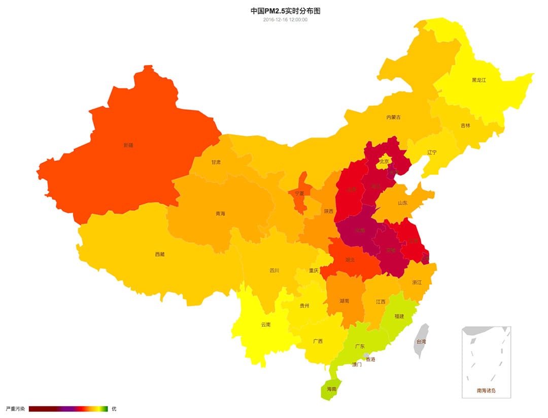 中國空氣質量在12月15日至21日的變化。圖-12月16日。