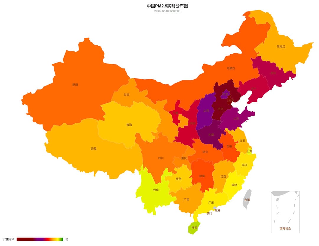 中國空氣質量在12月15日至21日的變化。圖-12月18日。