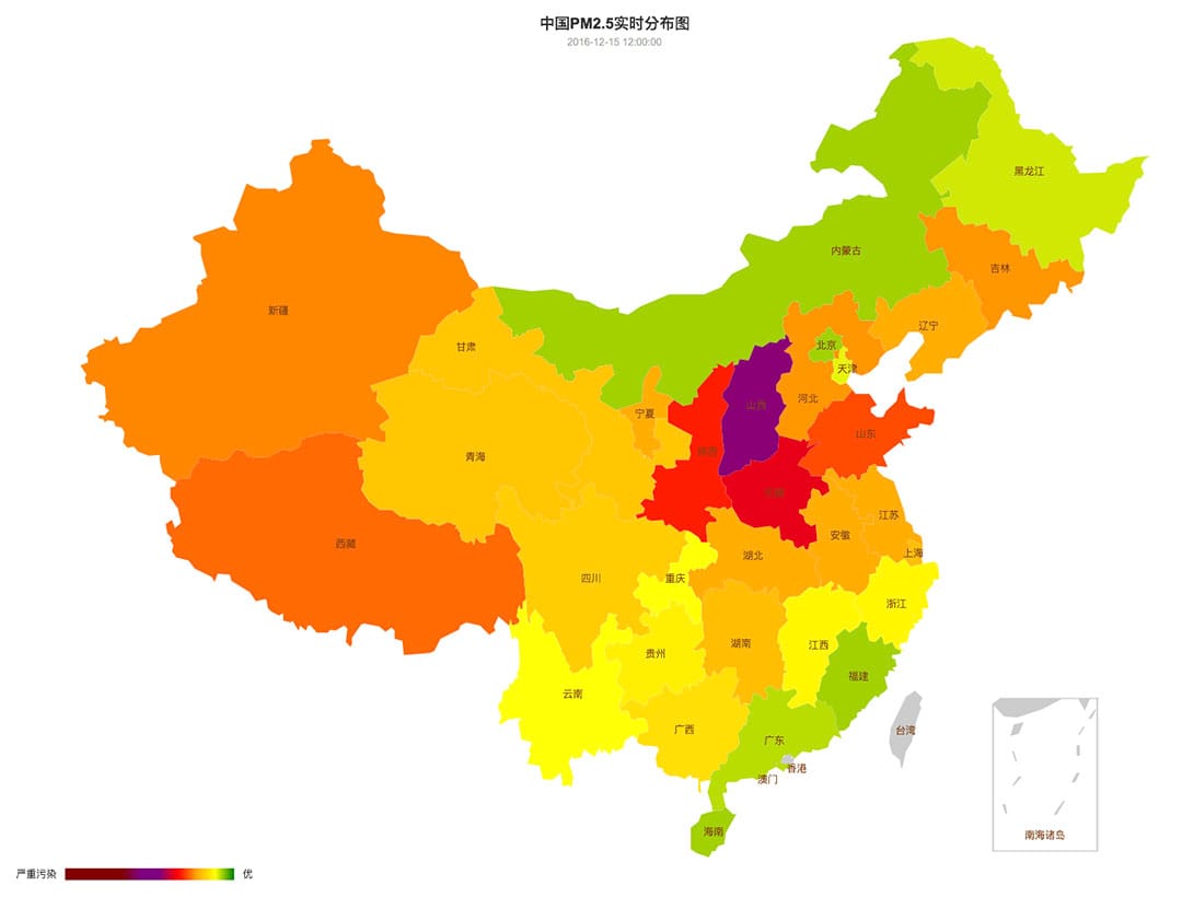 中國空氣質量在12月15日至21日的變化。圖-12月15日。