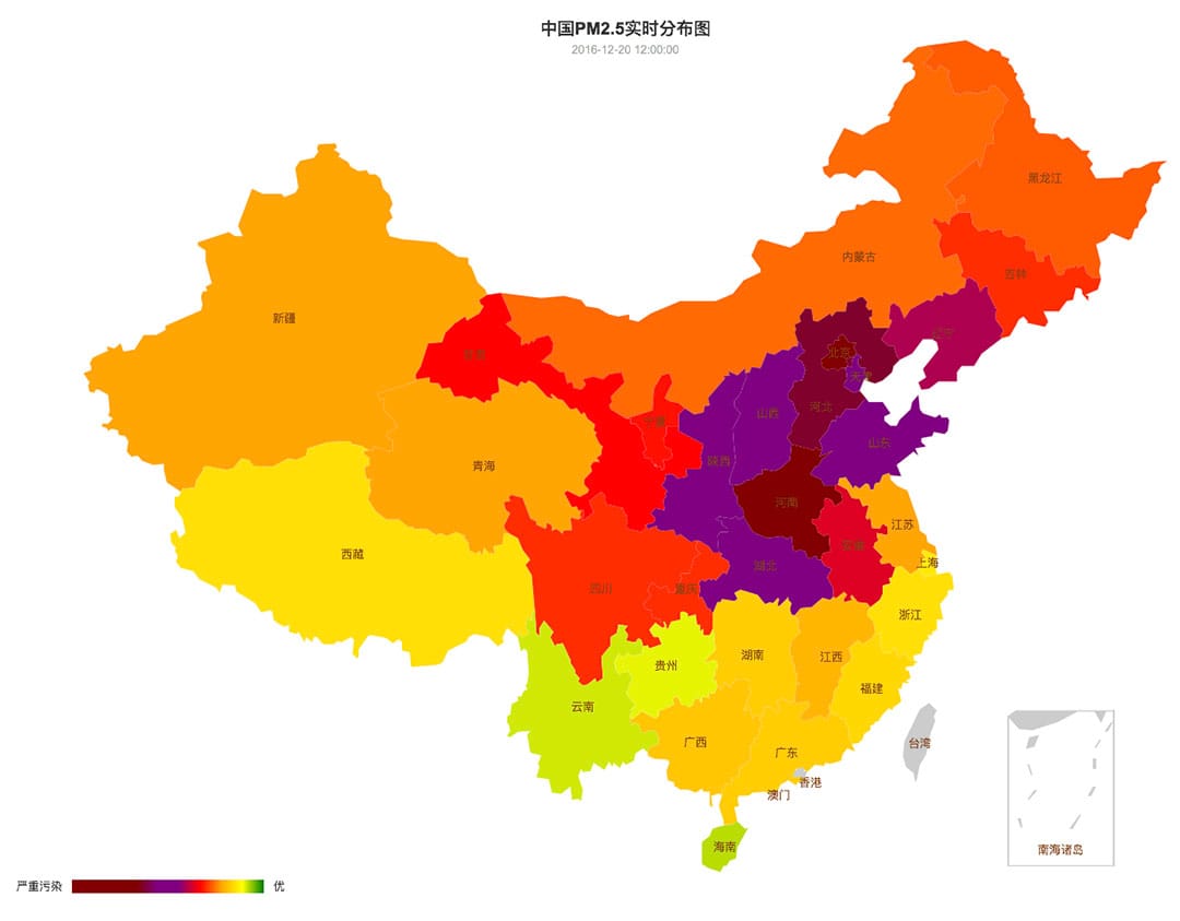 中國空氣質量在12月15日至21日的變化。圖-12月20日。