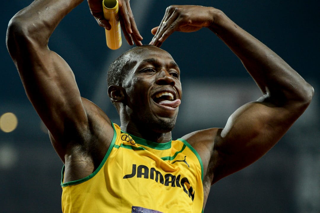 2012年8月11日，英國倫敦奧運會，保特在勝出男子4x100接力賽後慶祝。