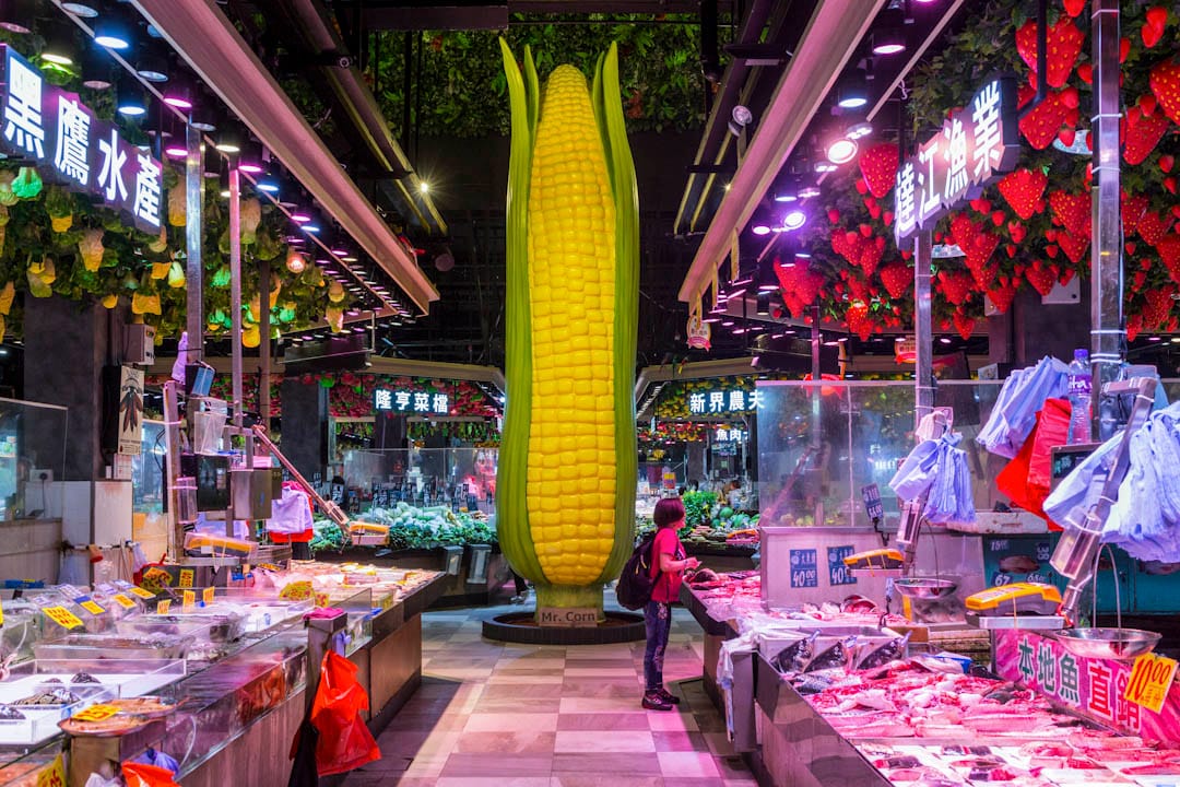 大围隆亨街市的中央，一条巨型粟米如神像般耸立，街市名为“M.C.Box”，“M.C.”代表Mr Corn。