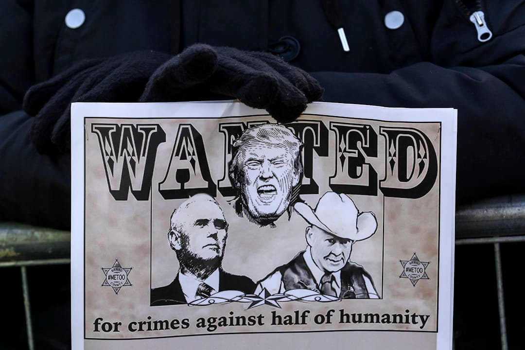 芝加哥，示威者手持讽刺特朗普的标语参与2018年度女性大游行。