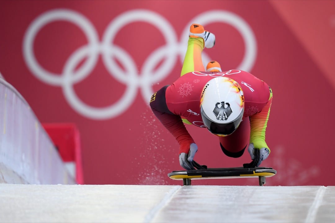 2018年2月13日，德國選手 Alexander Gassner 為男子俯式冰撬賽事進行練習滑行。