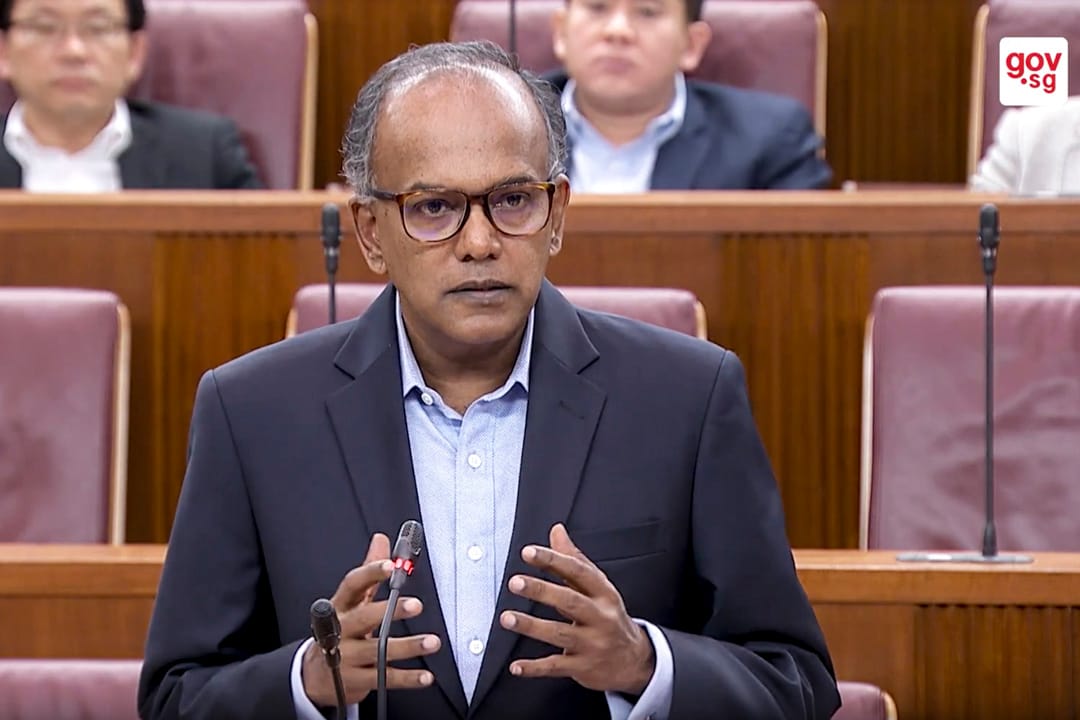 新加坡律政兼內政部長尚穆根(K Shanmugam)在新加坡的「反假新聞法」聽證會。