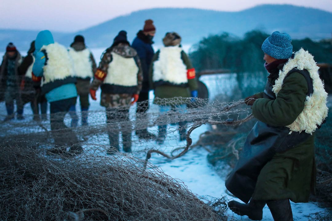 渔民将捕鱼的大网散开。 
