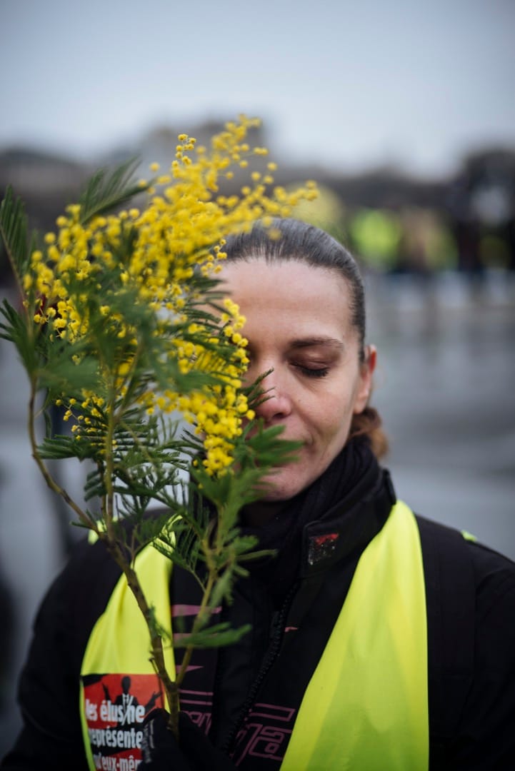 37岁的Audrey是位生产线指挥，她今天带著含羞草花到巴黎街头示威，为灰蒙蒙的巴黎天空增添一点色彩。