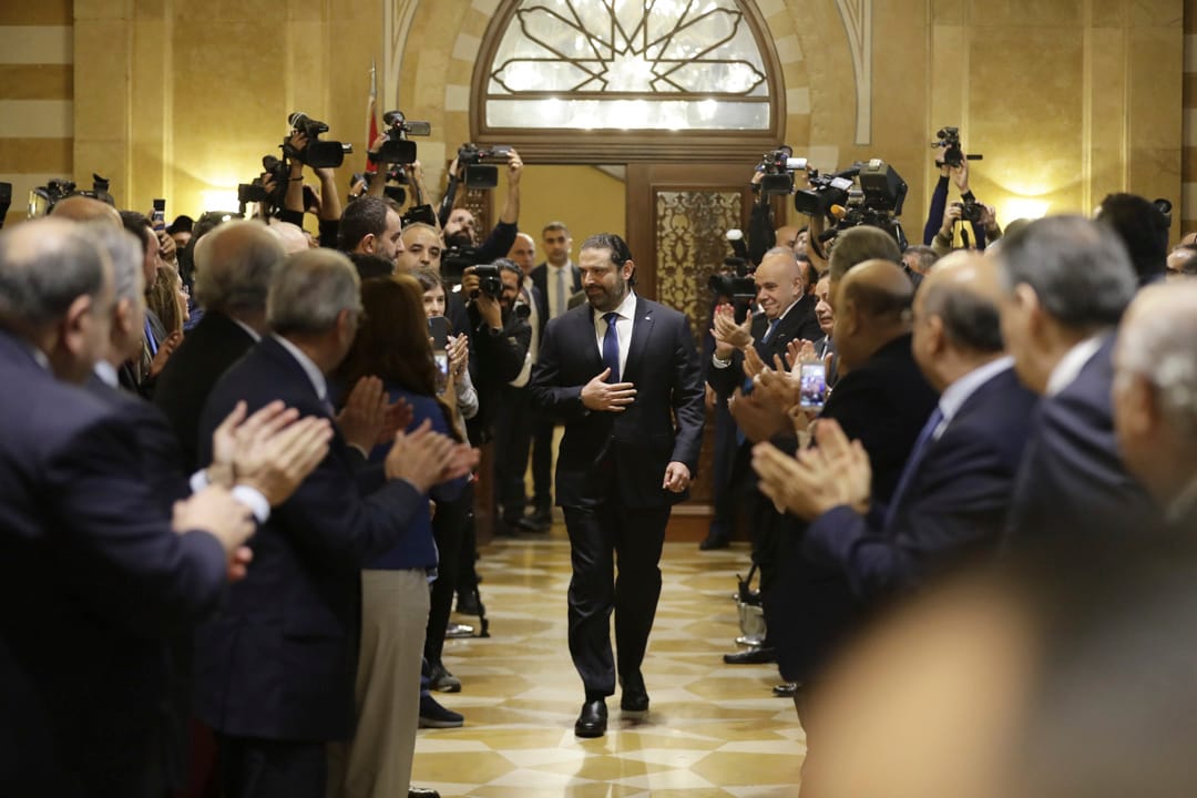 2018年11月13日，黎巴嫩總理哈里里（Hariri）在貝魯特舉行的新聞發布會上發表講話。