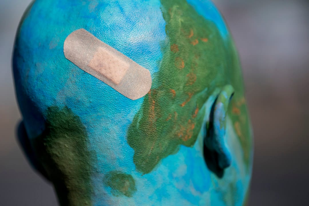 2019年9月20日聯合國氣候行動峰會舉行前，德國斯圖加特，一名示威者在「未來星期五」的抗議活動上將自己的腦袋裝扮成了地球的模樣。受瑞典氣候活動家格蕾塔的啟發而發起的該全球氣候罷課系列活動旨在要求國際社會採取行動應對氣候變遷。