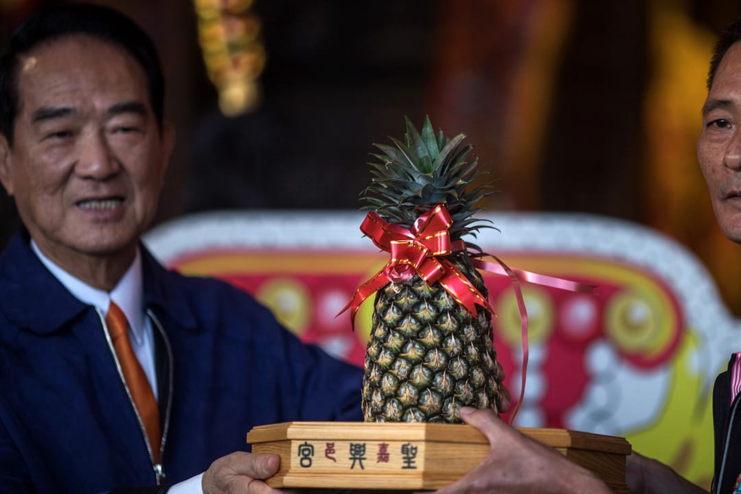 2019年12月20日，總統候選人宋楚瑜在嘉義市聖興宮參拜，有人送上一個鳳梨，寓意「旺來」。