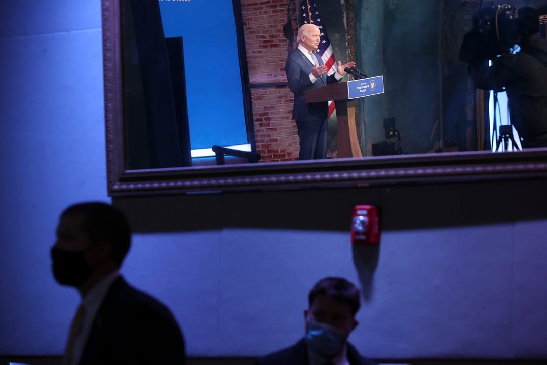 2021年1月6日，特拉華州威爾明頓，候任總統拜登在皇后劇院發表有關特朗普支持者闖進國會大樓的講話。