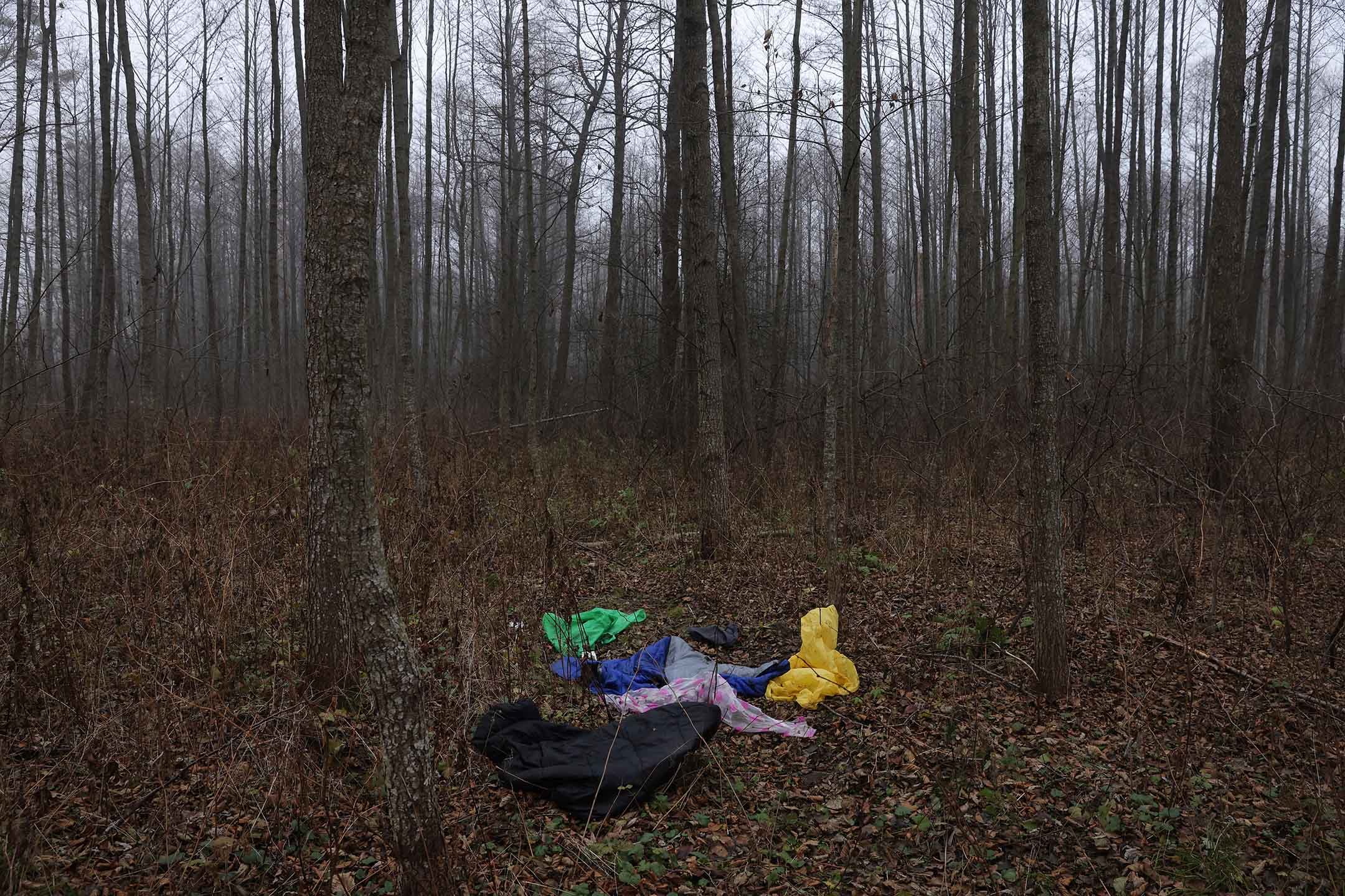 2021年11月14日，雨衣和睡袋等物品被遗弃在波兰Narewka的森林当中。大批来自伊拉克、敍利亚和也门的难民受白俄罗斯的旅游签证吸引，聚集在该国边境打算偷渡进入波兰以及欧盟地区，形成新的政治僵局。