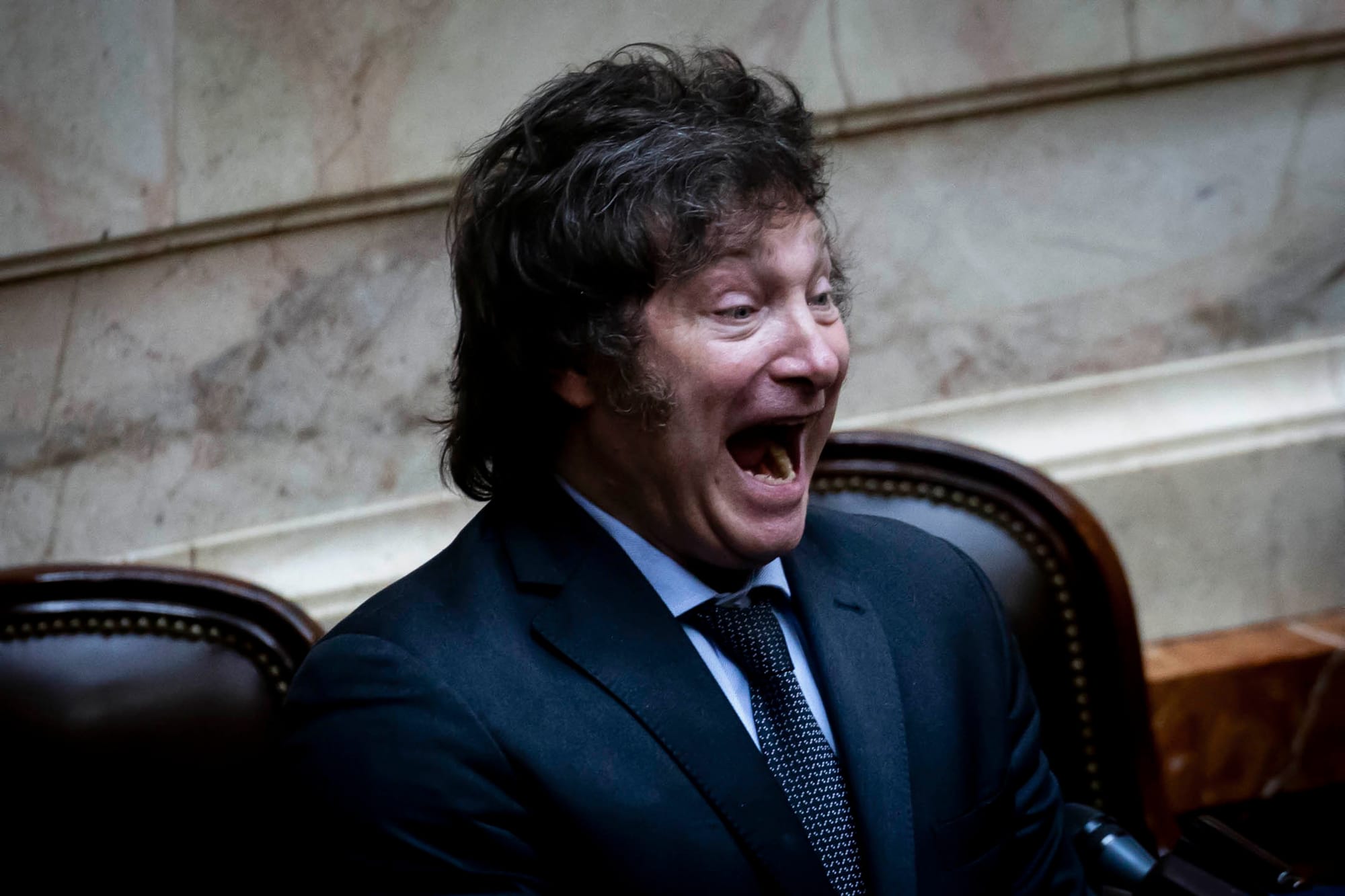 2023年11月29日，阿根廷總統哈維爾·米萊（Javier Milei ）在國民大會上展現笑容。攝：Tomas Cuesta/Getty Images