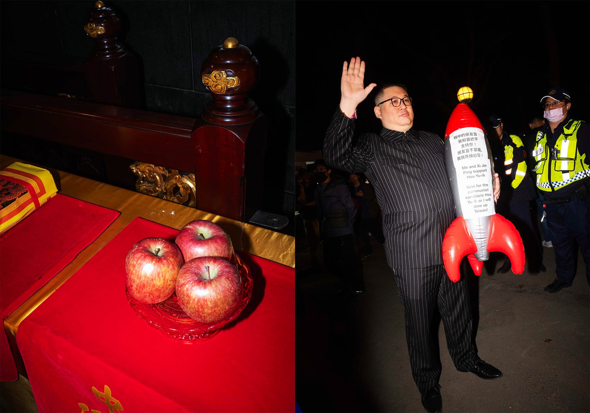 國民黨於宮廟參香拜票(左),民進黨的造勢晚會(右)。攝:陳焯煇/端傳媒