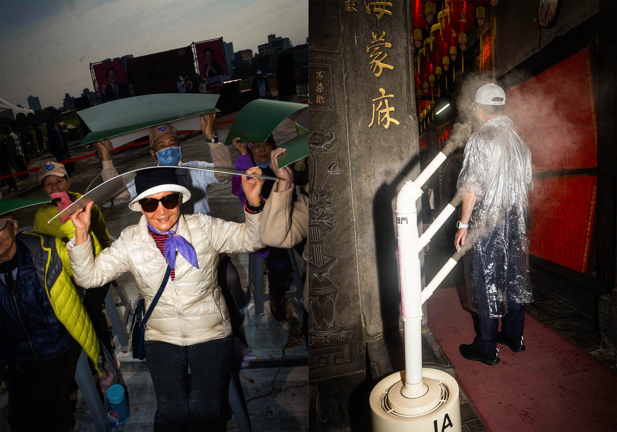 民進黨的支持者(左),郭台銘掃街拜票期間(右)。攝:陳焯煇/端傳媒