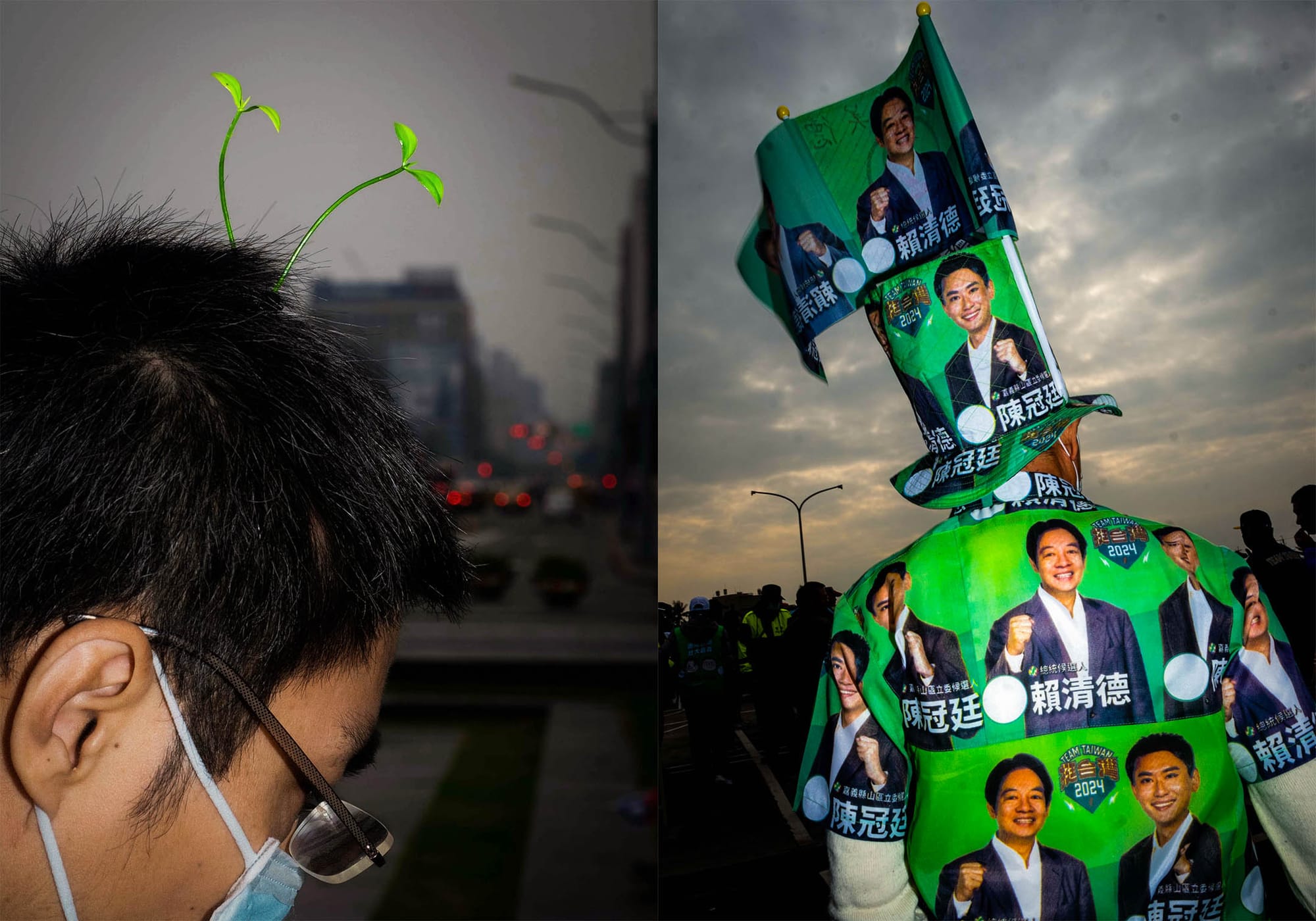 民眾黨的支持者(左),民進黨的支持者(右)。攝:陳焯煇/端傳媒